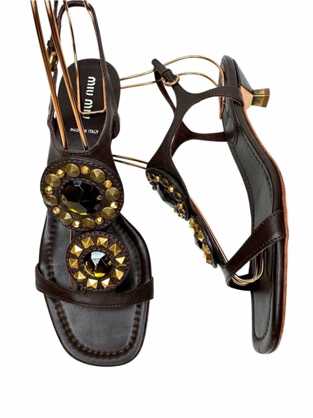 Miu Miu Brown Leather Strappy Cone Heel Sandals Studded Beaded EU 37.5